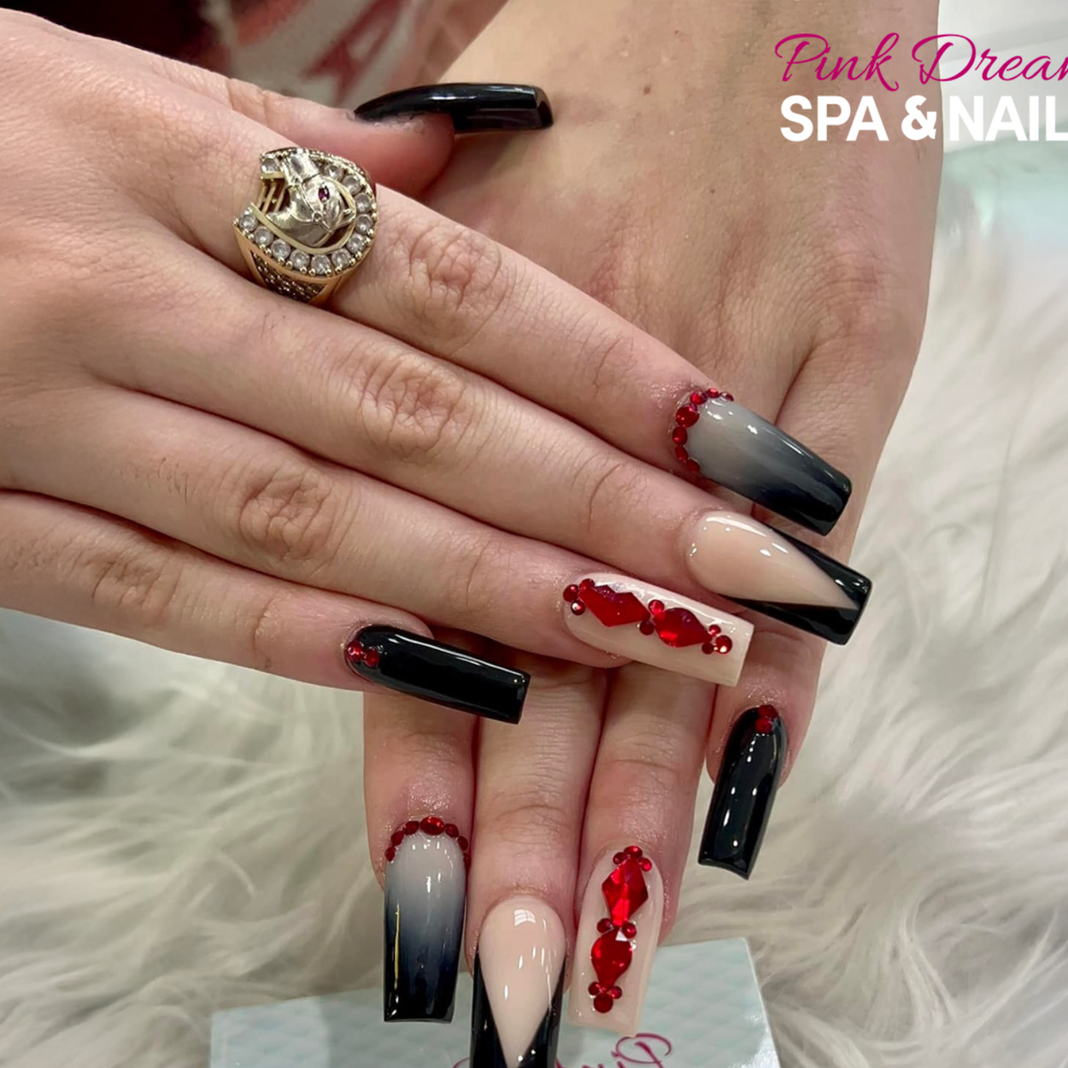Black and red crystal nails